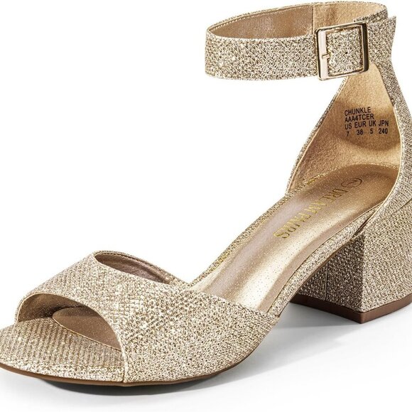 Women's Glitter Chunkle Pump Size 9 Gold Non-Slip Buckle Block Heel Stylish - Picture 1 of 6